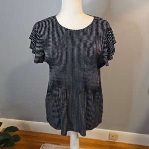 Adrianna Pappel Navy and Ivory Pleated Knit Double Sleeve Polka Dot Top Sz S